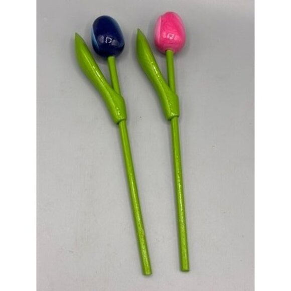 Wooden Tulip Flowers Blue & Pink With Green Stems Decor - Picture 1 of 4